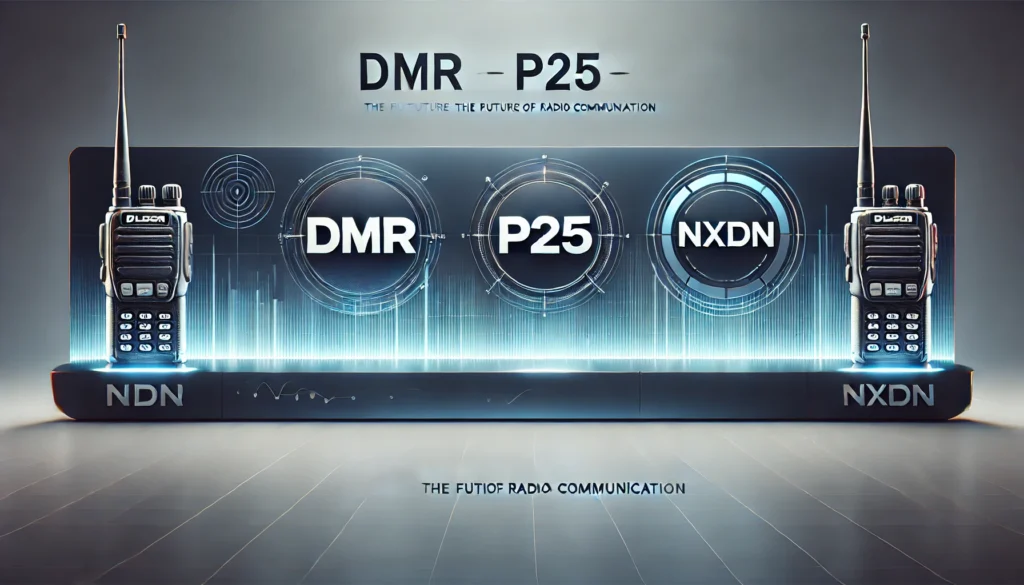 DMR vs. P25 vs. NXDN: So Sánh 3 Tiêu Chuẩn Bộ Đàm Kỹ Thuật Số 1 DALL·E 2025 02 19 15.22.07 A clean and modern banner featuring only the logos of DMR P25 and NXDN radio communication standards. The background is sleek with a subtle blue dig