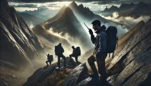 DALL·E 2025 03 17 08.54.09 A cinematic style realistic adventure scene featuring a group of hikers using walkie talkies in a rugged mountain landscape. The image captures the e