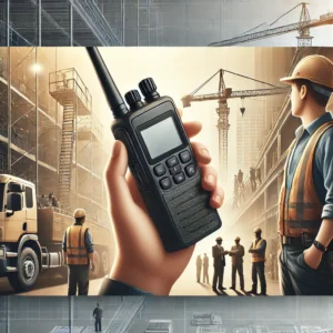 DALL·E 2025 03 17 08.56.03 A realistic banner featuring a high quality walkie talkie in a professional work setting. The background depicts a busy industrial or construction env