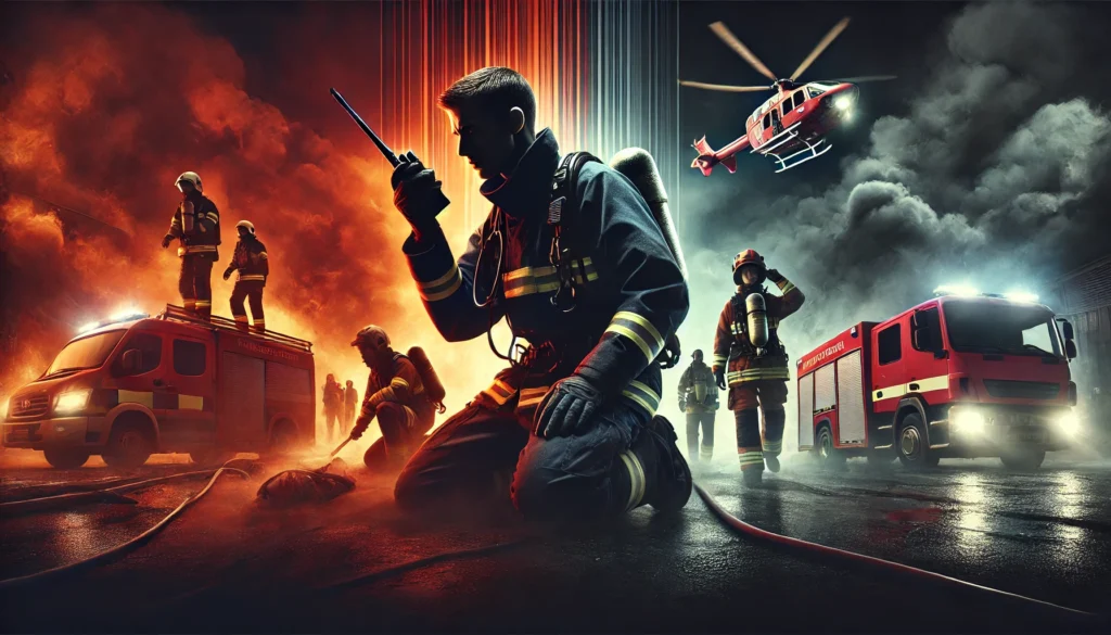 DALL·E 2025 03 17 08.56.12 A cinematic and realistic banner showing emergency responders using walkie talkies in critical situations. The image features firefighters paramedics